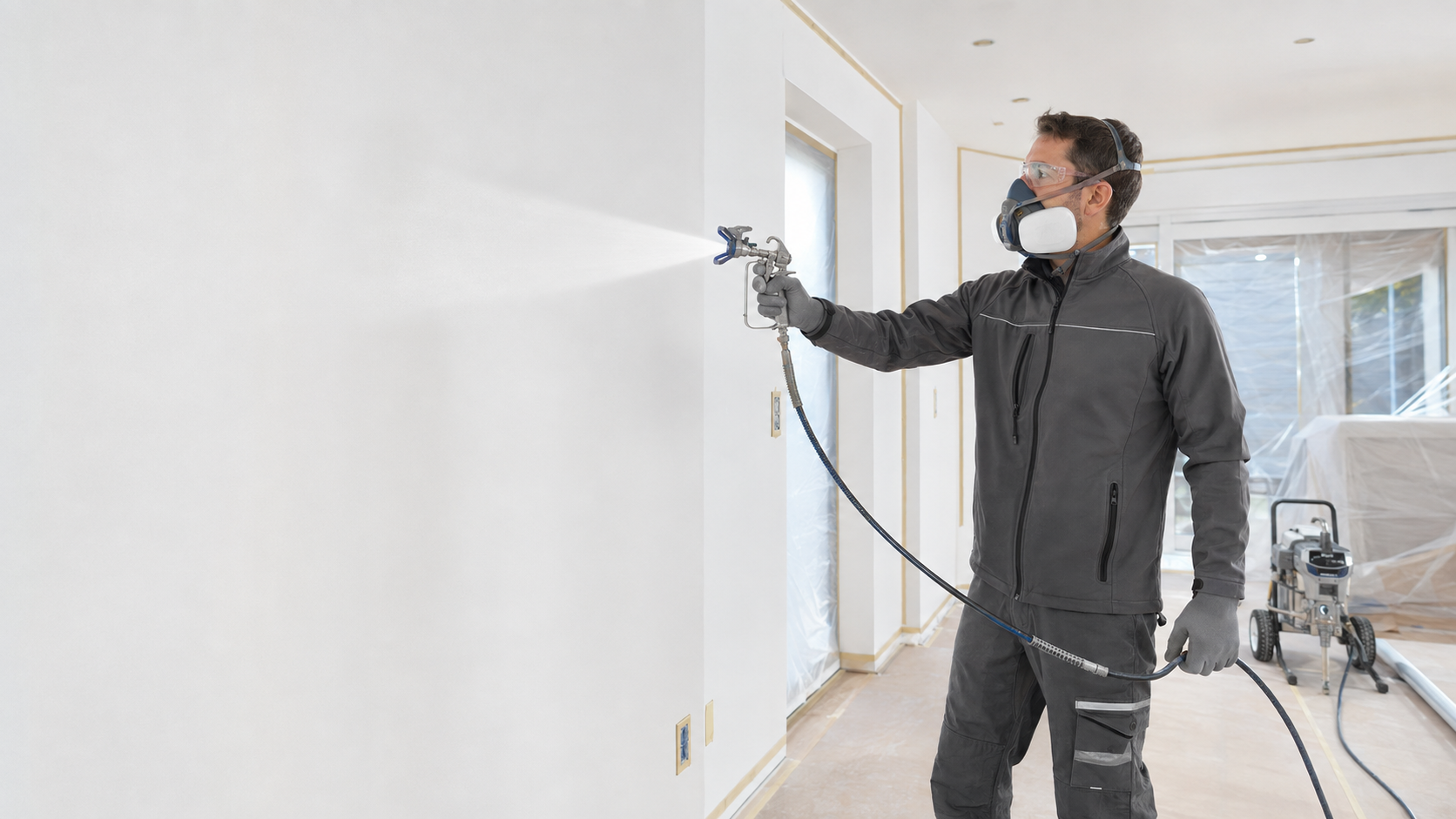 Profesionální airless stříkání bílé barvy v interiéru